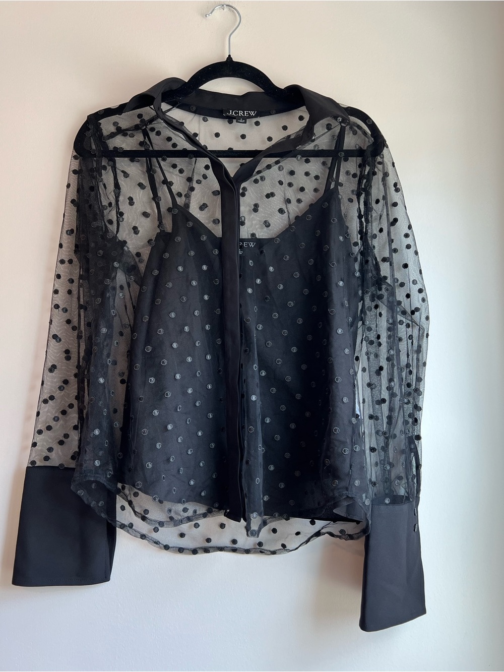 J. Crew Black Sheer Polka Dot Button-Up Blouse